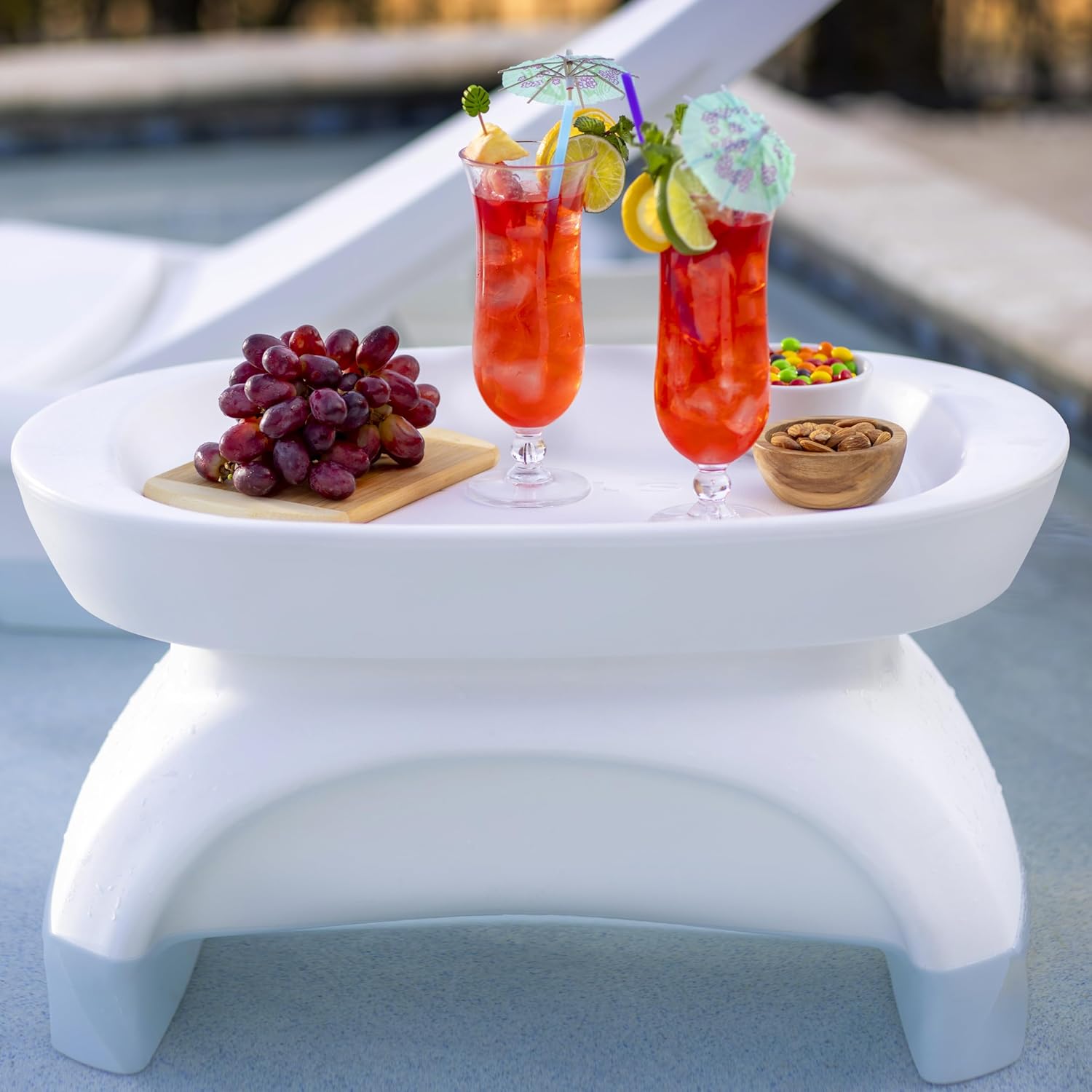 Step2 Vero Side Table with Serving Tray, Outdoor/Indoor Waterproof Patio Furniture, Use in Pools Up to 9" Water or Poolside Ledge, Made of Durable Plastic, Integrated Weight System, White