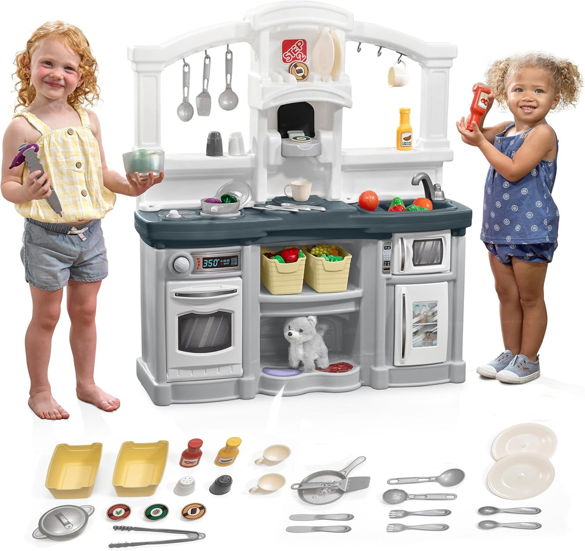 Step2 Fun with Friends Kids Kitchen Playset, Indoor/Outdoor Kitchenette, Interactive Play with Lights and Sounds, Durable Plastic, Includes 25 Piece Toy Accessories, Toddlers 2+ Years Old, Pink