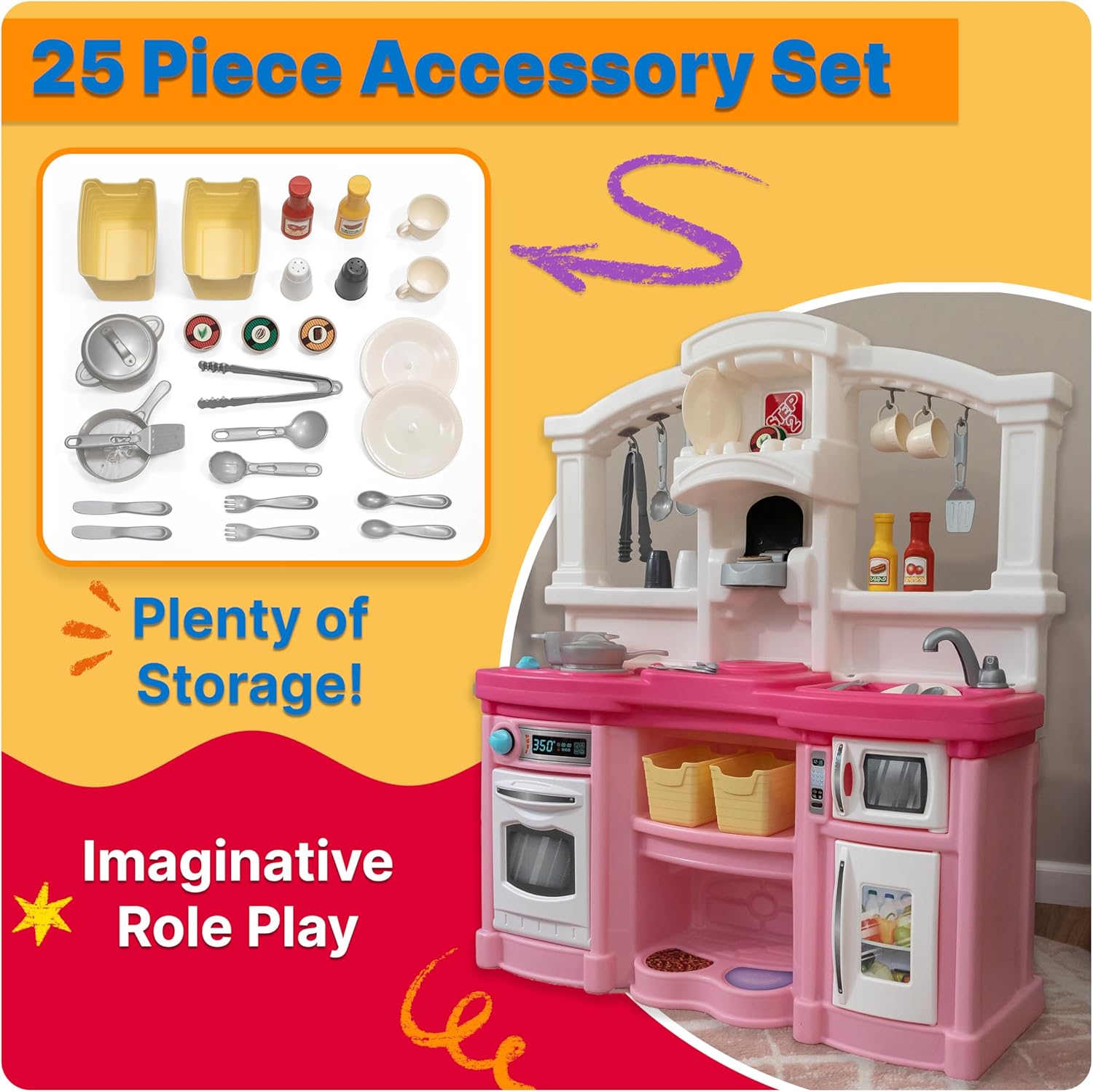 Step2 Fun with Friends Kids Kitchen Playset, Indoor/Outdoor Kitchenette, Interactive Play with Lights and Sounds, Durable Plastic, Includes 25 Piece Toy Accessories, Toddlers 2+ Years Old, Pink
