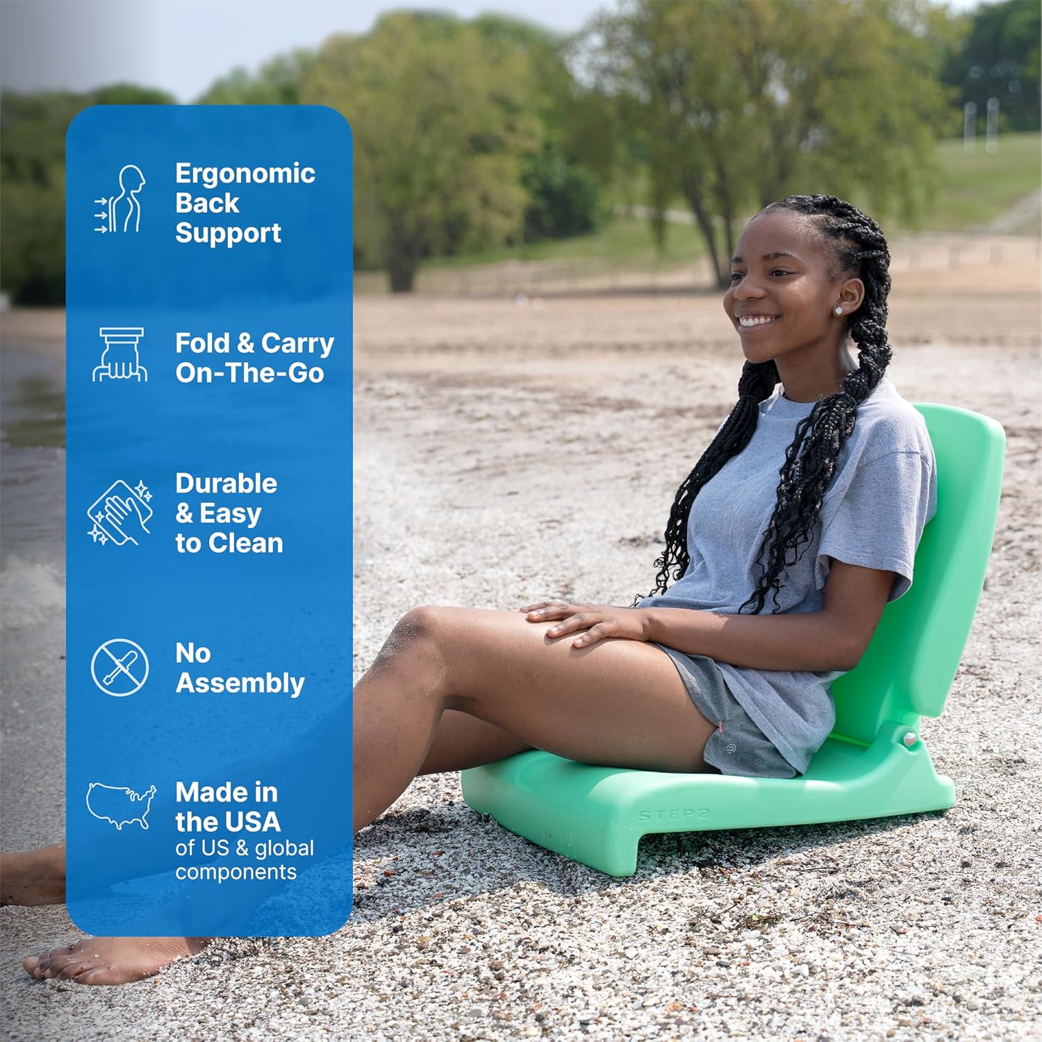 Step2 Folding Flip Seat, Lightweight Portable Outdoor Chair for Poolside, Camping, Beach, Boats, Tailgates, Durable Ground Chair with Back Support for Adults, Capri Blue