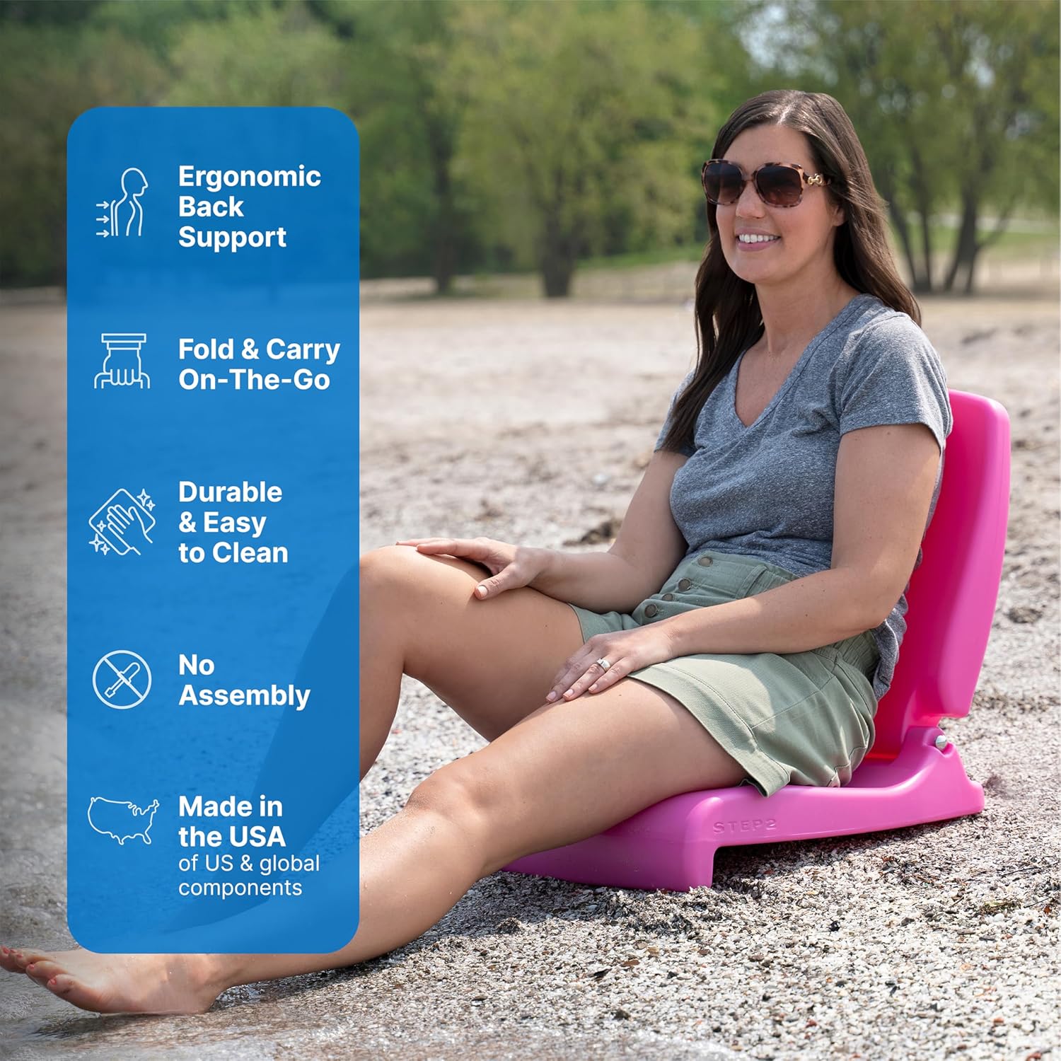 Step2 Folding Flip Seat, Lightweight Portable Outdoor Chair for Poolside, Camping, Beach, Boats, Tailgates, Durable Ground Chair with Back Support for Adults, Capri Blue